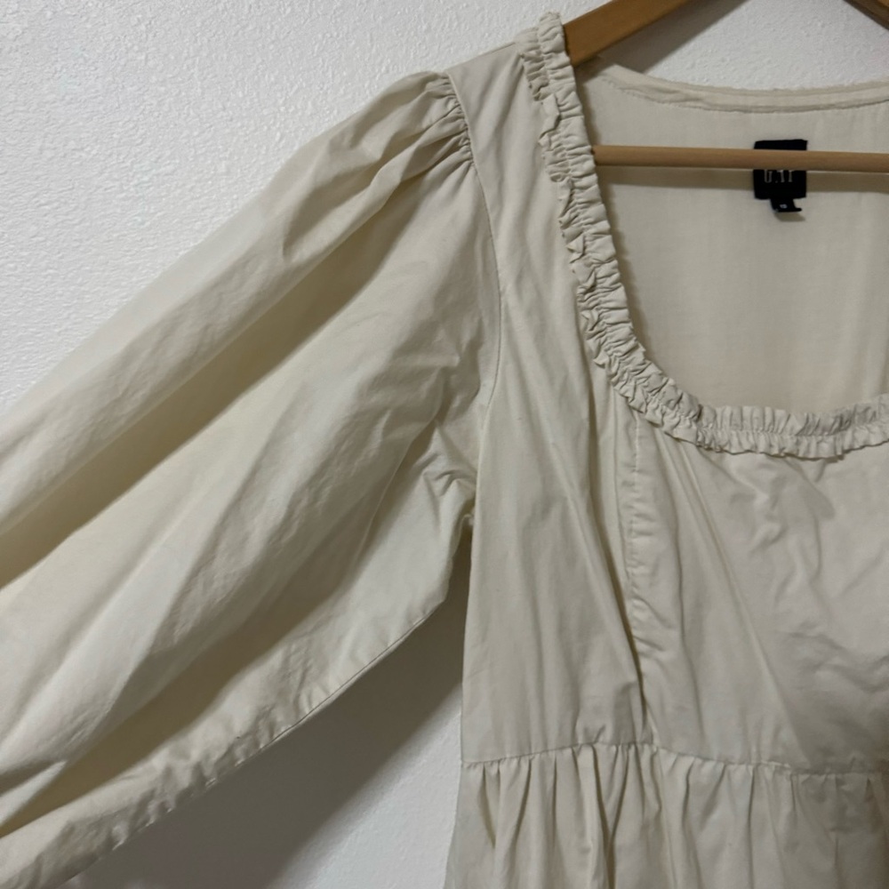 Gap Puff Sleeve Ruffle Neck Mini Dress Chino Beige Square Neck Pockets 2023-12 - Picture 5 of 12